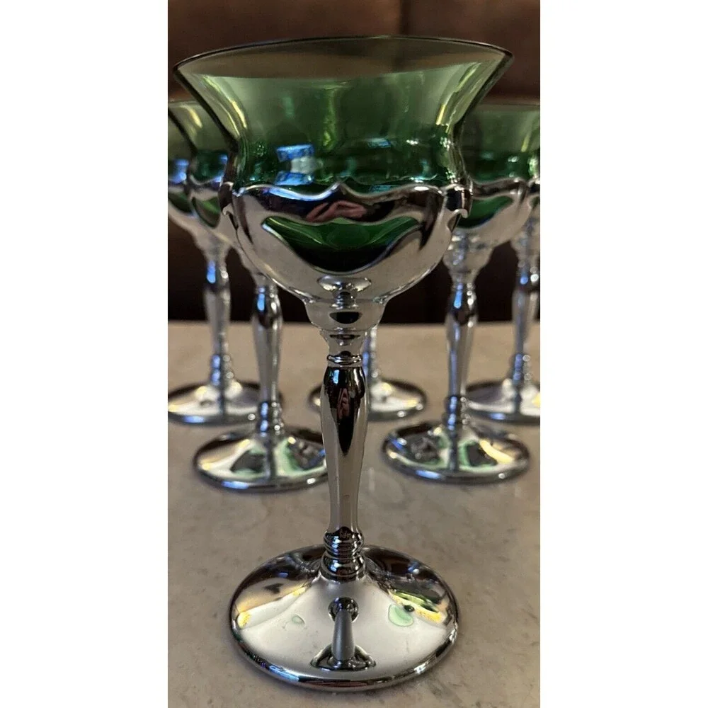 Farber Bros Krome Craft 1950s Art Deco Set6 Liquor Sherry Glasses Emerald Chrome